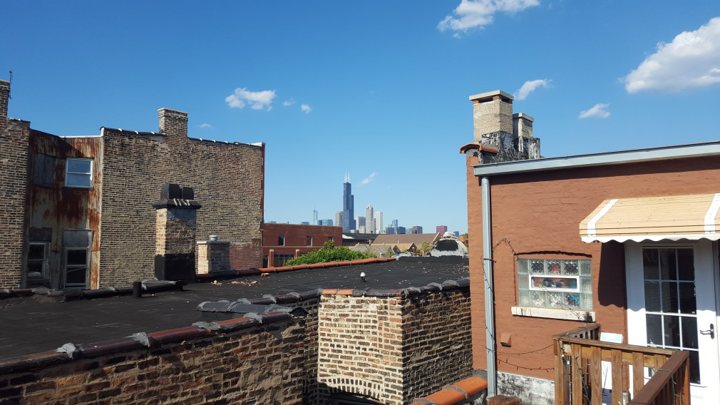 Chicagos Skyline von einer Dachterasse in Pilsen